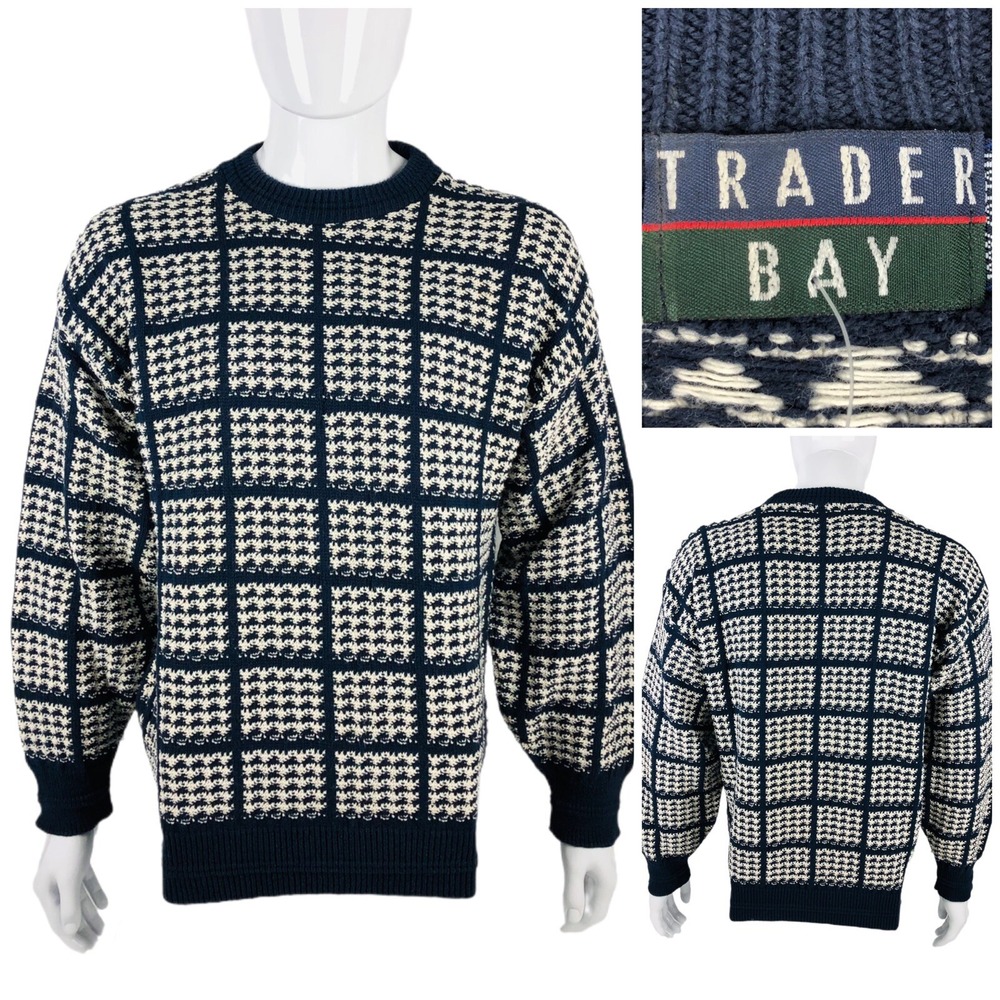 Trader Bay Men's Large Crewneck Sweater Knit Plaid Check Made In USA Vintage NWT